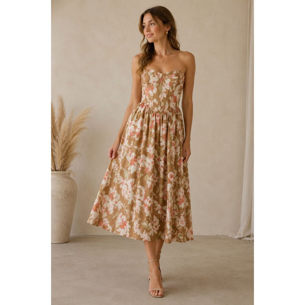 Bardot Corset Lola Midi Dress Strapless Floral Tan Pink Boned Bustier Women XL